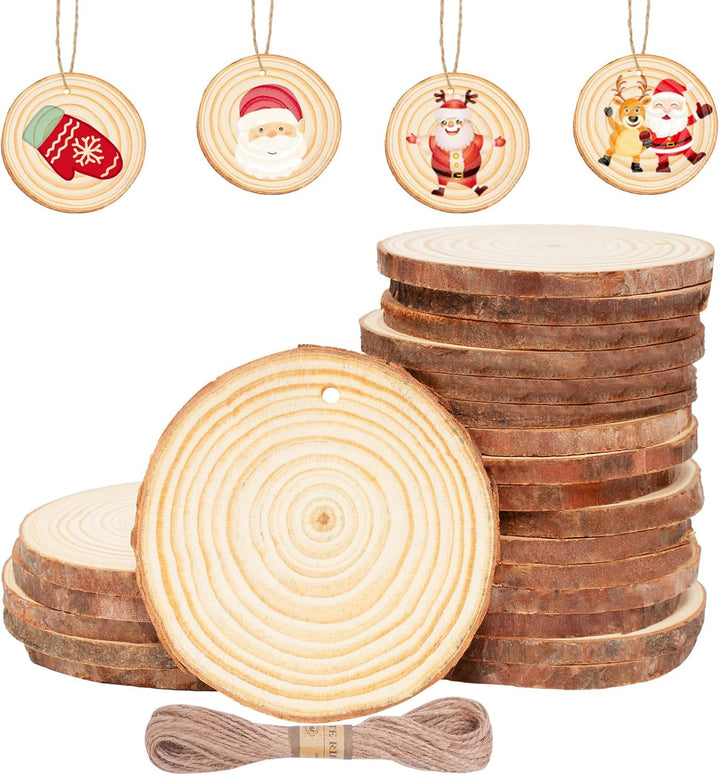 CUWELT 42 Stück Holzscheiben mit Loch, 7-8CM Holz Log Scheiben mit 10m Jute Schnur, Baumscheiben Run
