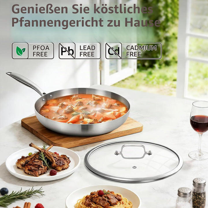 Inqibee Edelstahlpfanne Bratpfanne Unbeschichtet 28 cm mit Deckel - Kleine Pfanne Edelstahl, Stainle
