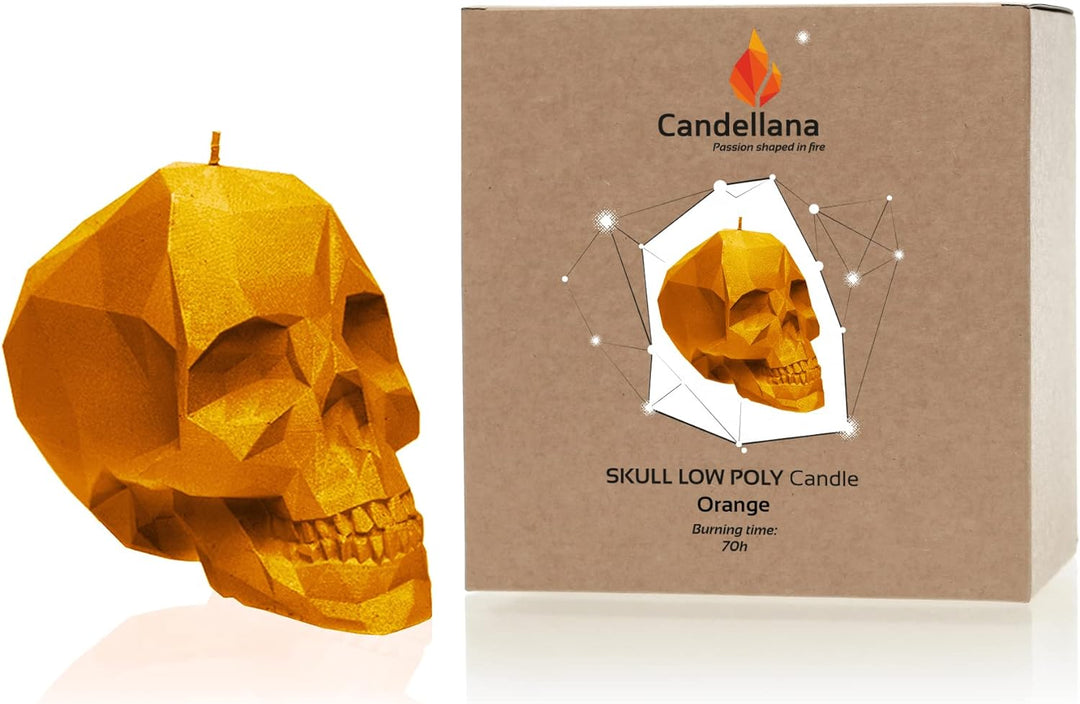 Candellana Kerze Kleiner Schädel Low Poly | Höhe: 7,5 cm | Orange | Totenkopf | Handgemacht in der E