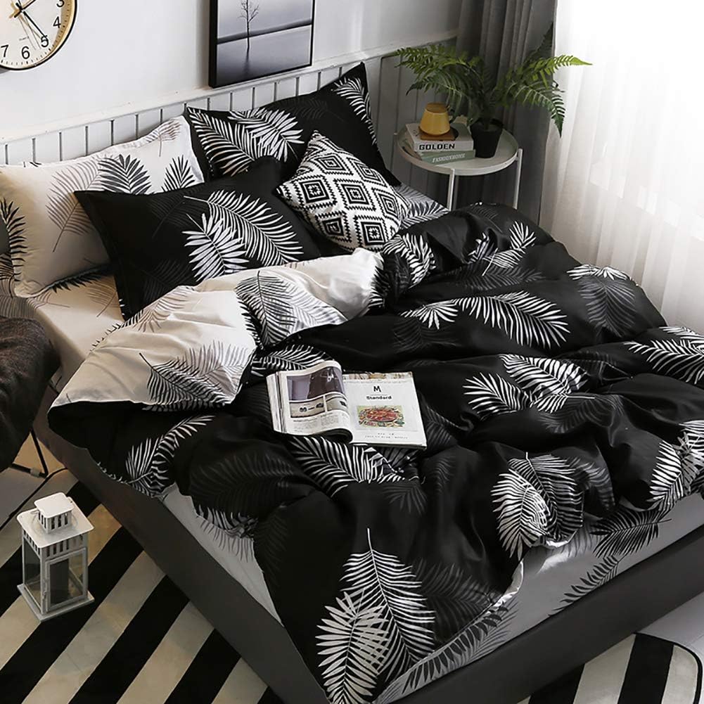 Omela Bettwäsche 155x220 Schwarz Weiss Wendebettwäsche Palmenblätter Muster Bettbezug 2 Teilig Micro