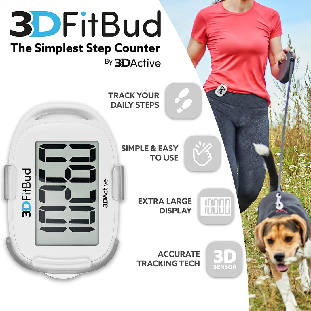 3DFitBud Einfacher Schrittzähler Gehen 3D-Schrittzähler mit Clip und Umhängeband, A420S Weiss mit Cl