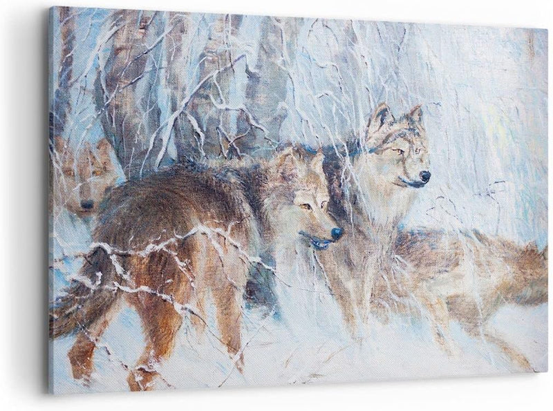 Bilder auf Leinwand 100x70cm Leinwandbild mit Rahmen Wolf Tier Wald Gross Wanddeko Bild Schlafzimmer