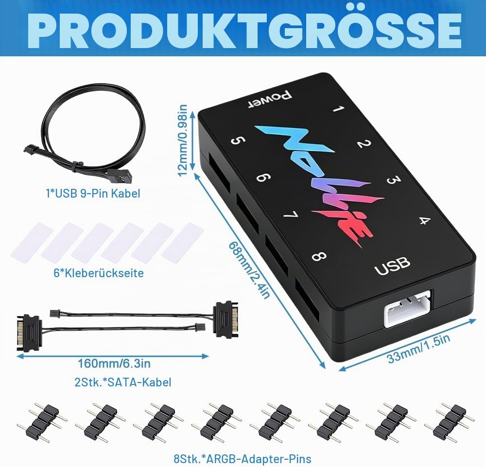ARGB Controller, HOVCEH 5V 3PIN RGB Controller, PC Fan Hub mit 2 SATA Power 8 Port, RISC-V-Kernproze