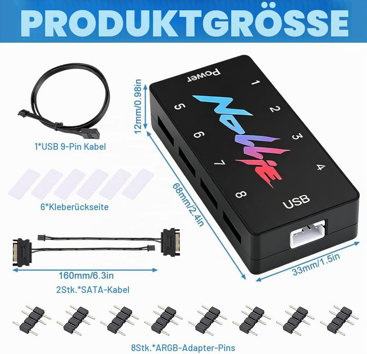 ARGB Controller, HOVCEH 5V 3PIN RGB Controller, PC Fan Hub mit 2 SATA Power 8 Port, RISC-V-Kernproze