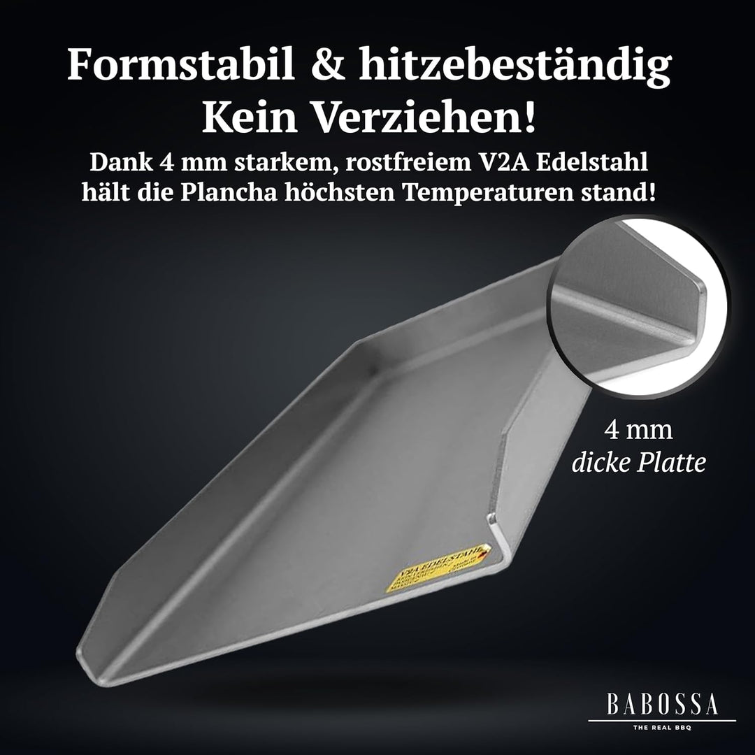 BABOSSA Grill Plancha aus V2A Edelstahl – Erstklassige Verarbeitung & perfekte Hitzeverteilung – kom