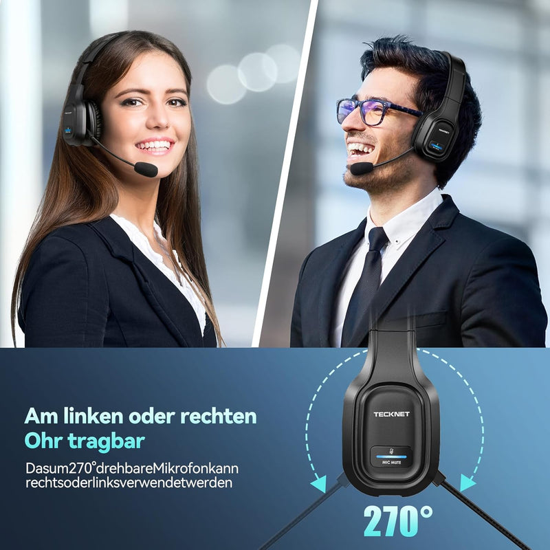 TECKNET Bluetooth Headset mit Mikrofon, PC Headset mit Rauschunterdrückung, Noise Cancelling Kopfhör