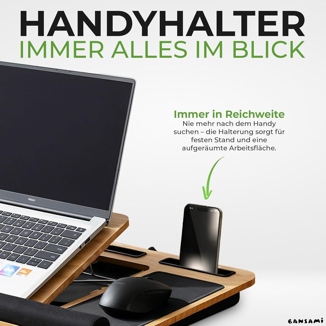 Knietablett Mit Kissen Aus Bambus, Verstellbare Laptop Unterlage Mit Handyhalter Und Mousepad, Lapto
