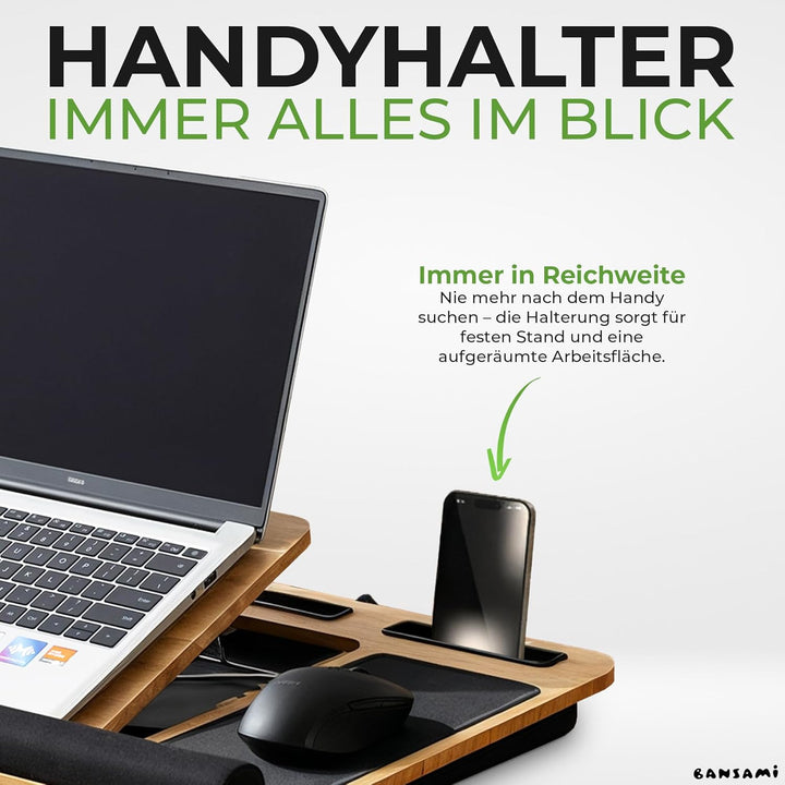 Knietablett Mit Kissen Aus Bambus, Verstellbare Laptop Unterlage Mit Handyhalter Und Mousepad, Lapto