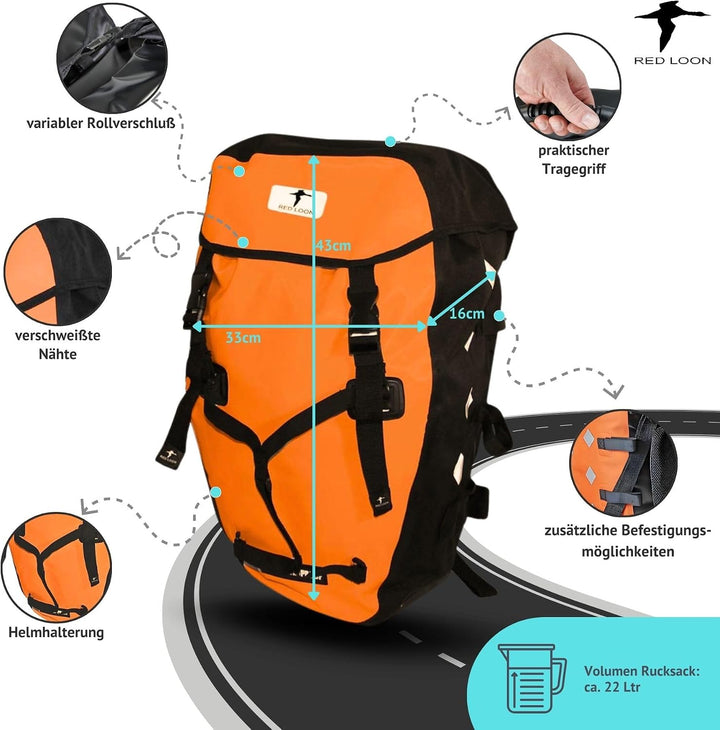 Red Loon wasserdichter Fahrrad Rucksack Fahrradrucksack 22L Pro orange/schwarz - Rolltop Backpack mi