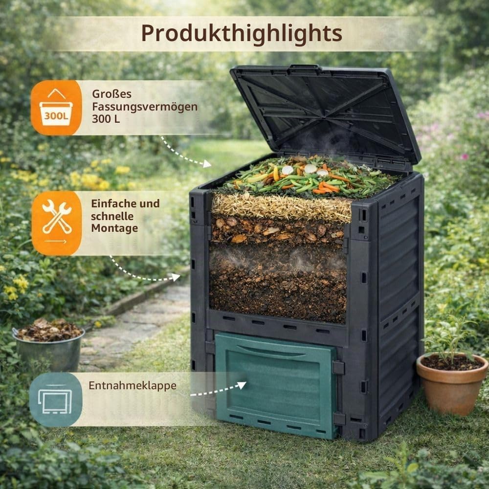 TERRE JARDIN - Gartenkomposter, 300 L - Kompostbehälter, 83 x 61 x 61 cm, aus Polypropylen - Premium