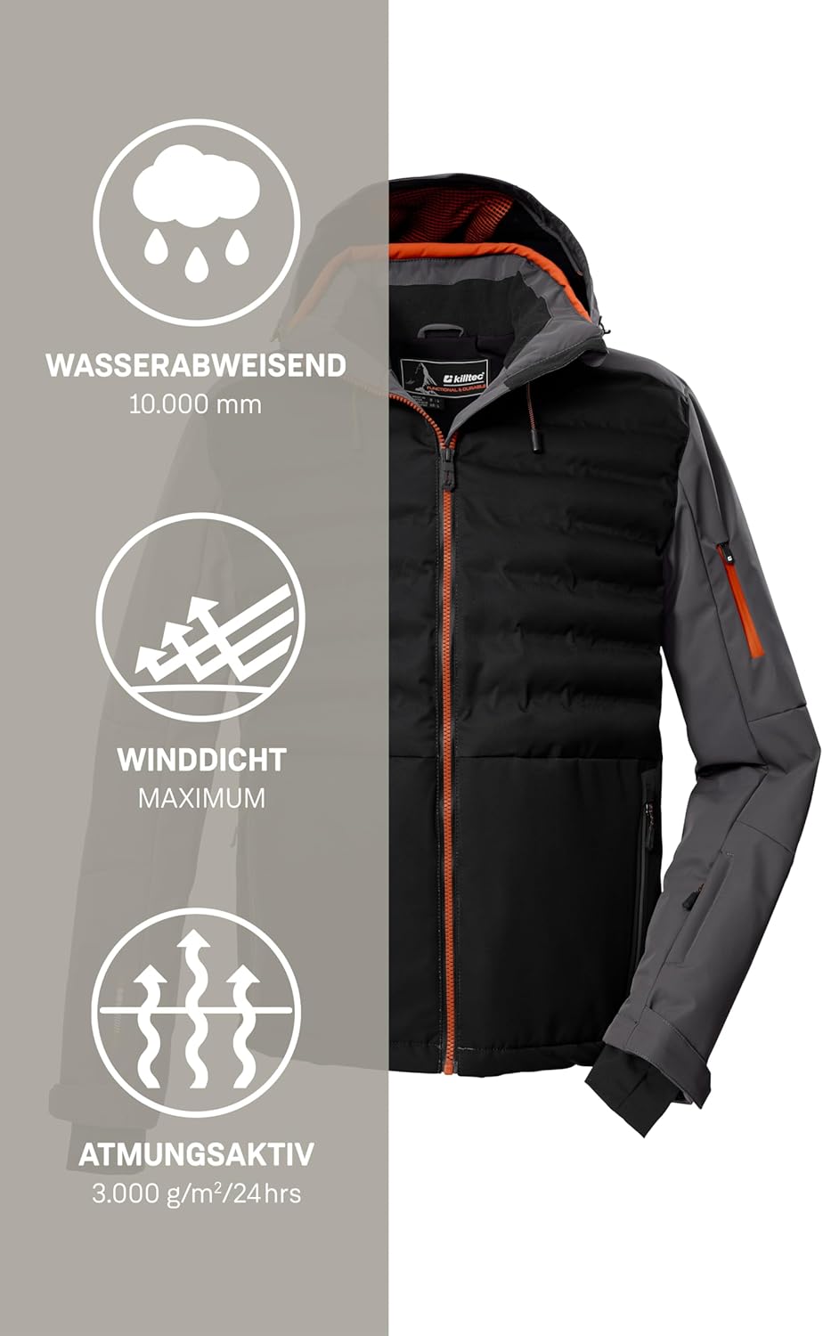 Killtec Herren Ksw 72 Mn Ski Jckt Hybridjacke/Steppjacke mit abzipbarer Kapuze und Schneefang S Schw