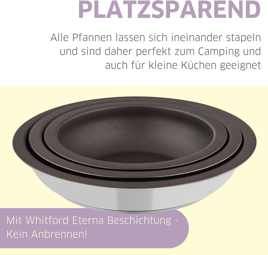Pfannenset Induktion 3-teilig Bratpfanne 28 cm mit Glasdeckel & abnehmbarer Griff, antihaftbeschicht