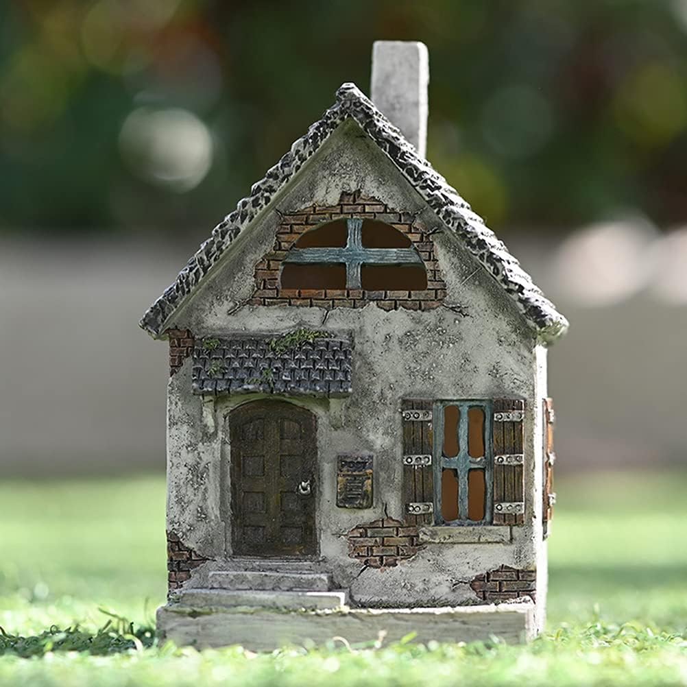 Feenhaus, 14cm Miniatur Pastoral kleines Haus Harz Retro Elfenhaus Miniatur Landschaft Gartenfigur G