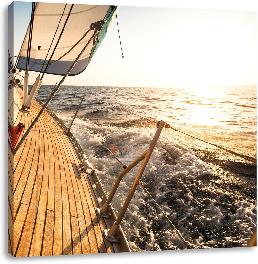 Segelboot im Meer, Format: 70x70 auf Leinwand, XXL riesige Bilder fertig gerahmt mit Keilrahmen, Kun