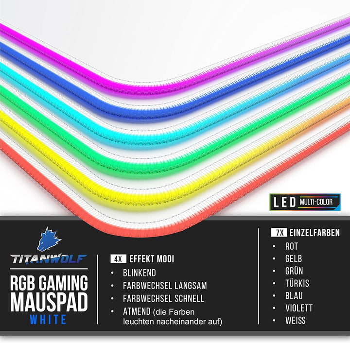 TITANWOLF - RGB Gaming Mauspad - LED Schreibtischunterlage - 900x400 mm Übergrösse - XXL Mousepad -