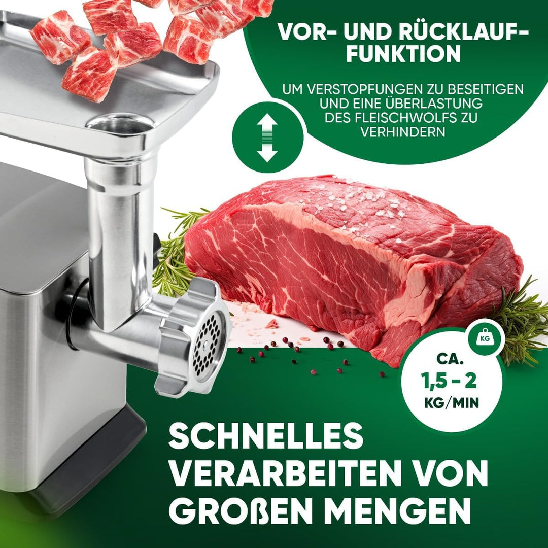 ProfiCook Fleischwolf 1200W | mit Aufsatz für Plätzchen/Spritzgebäck | Fleischwolf elektrisch | 3 Me