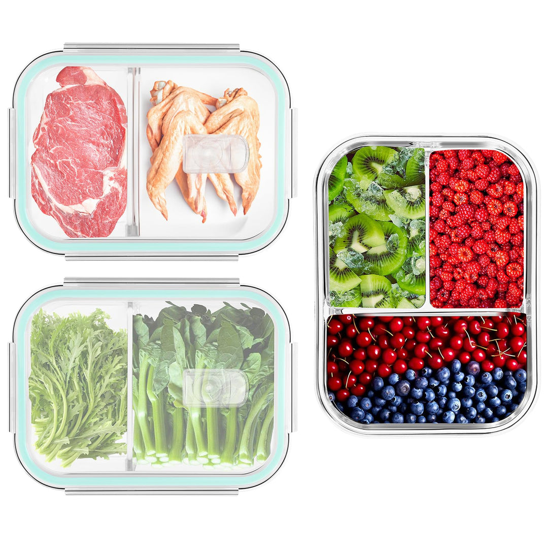 LXUDN Meal Prep Boxen Glas 2 Fächer & 3 Fächer - Mealprepboxen Glas (3 Behälter + 3 Deckel) - Vorrat