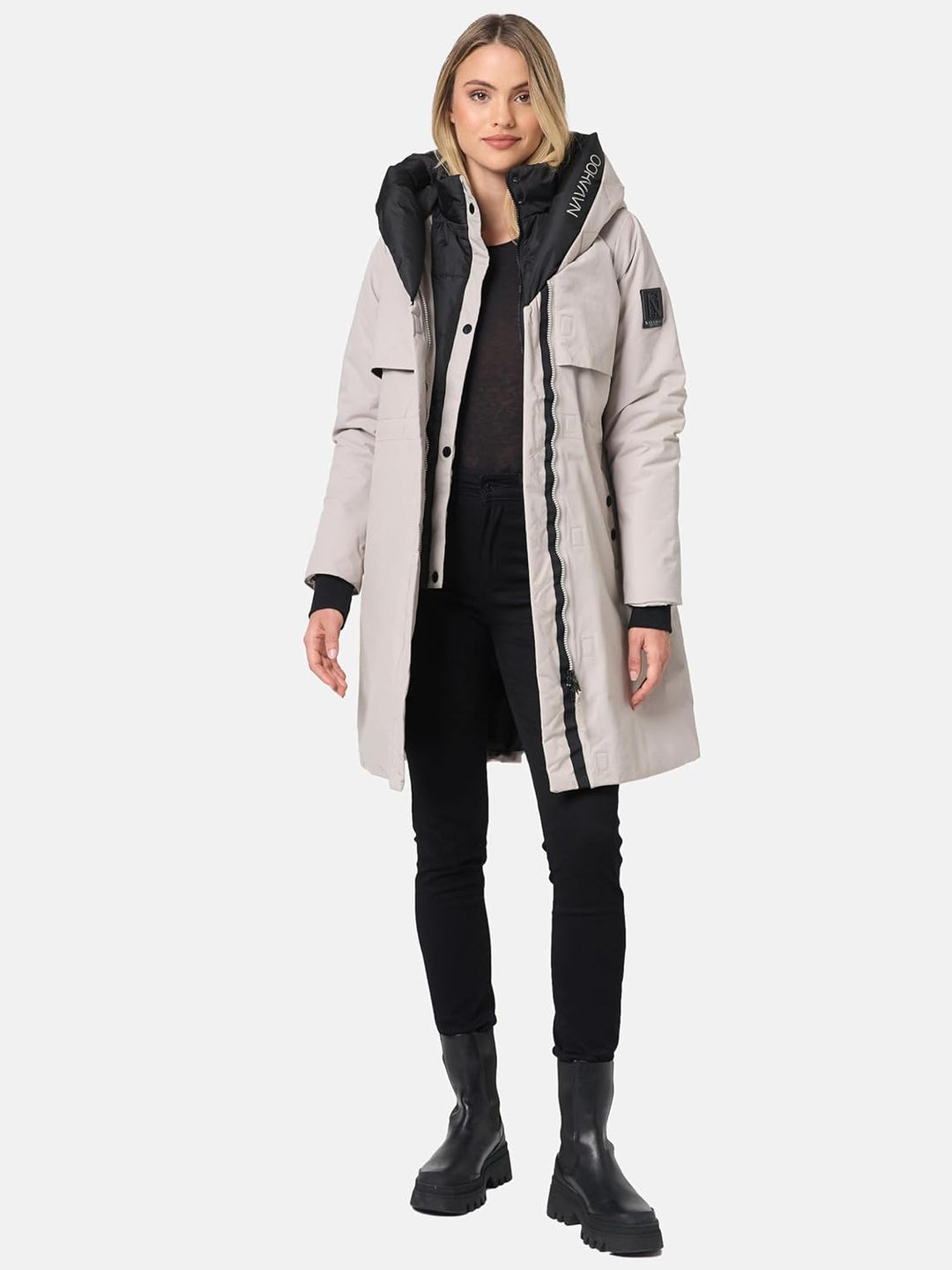 Navahoo Damen Mantel Lange warme Winter Steppjacke mit Kapuze und magnetischen Elementen Snowelf XS-