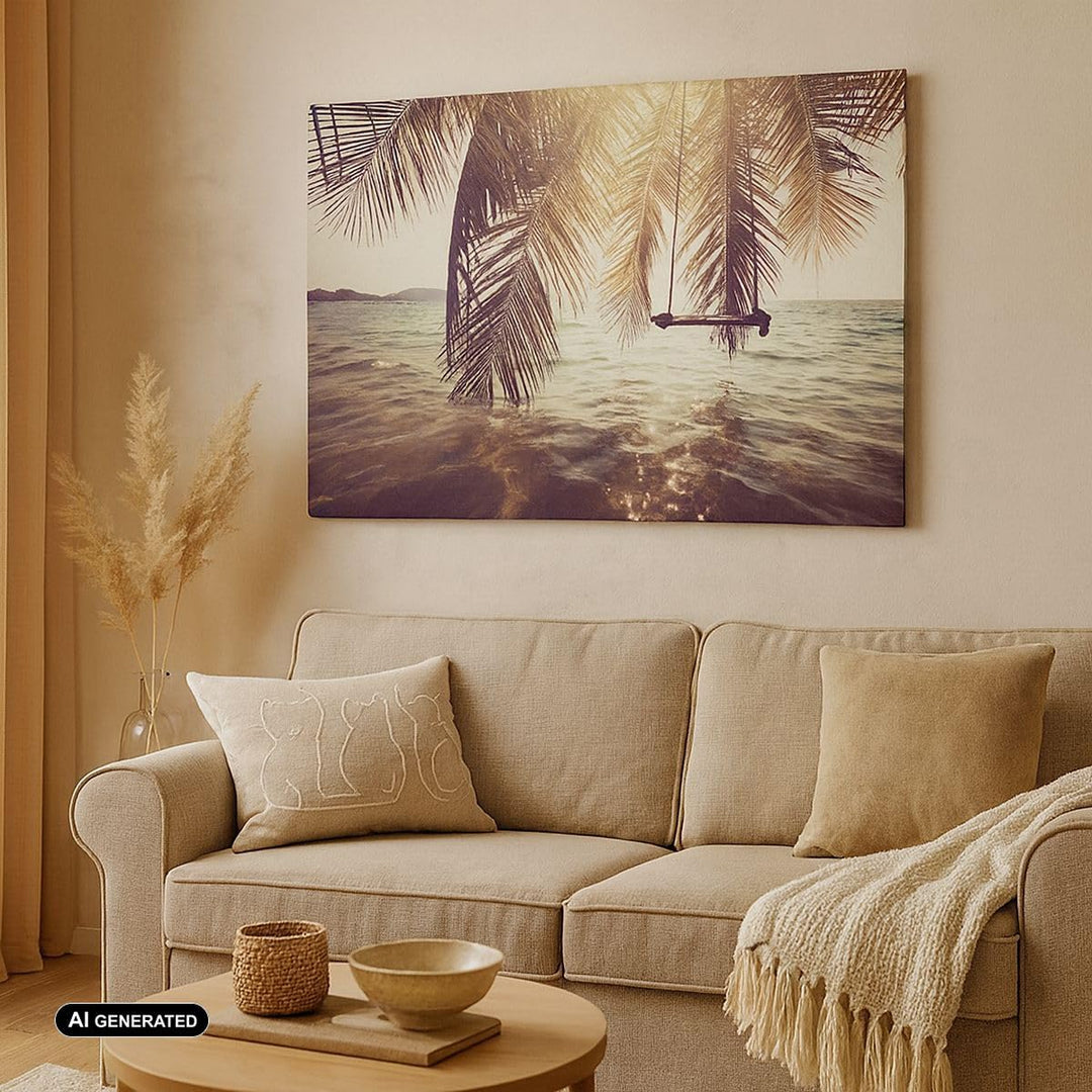 Bilder auf Leinwand 100x70cm Leinwandbild mit Rahmen Meer Palme Wasser Gross Wanddeko Bild Schlafzim