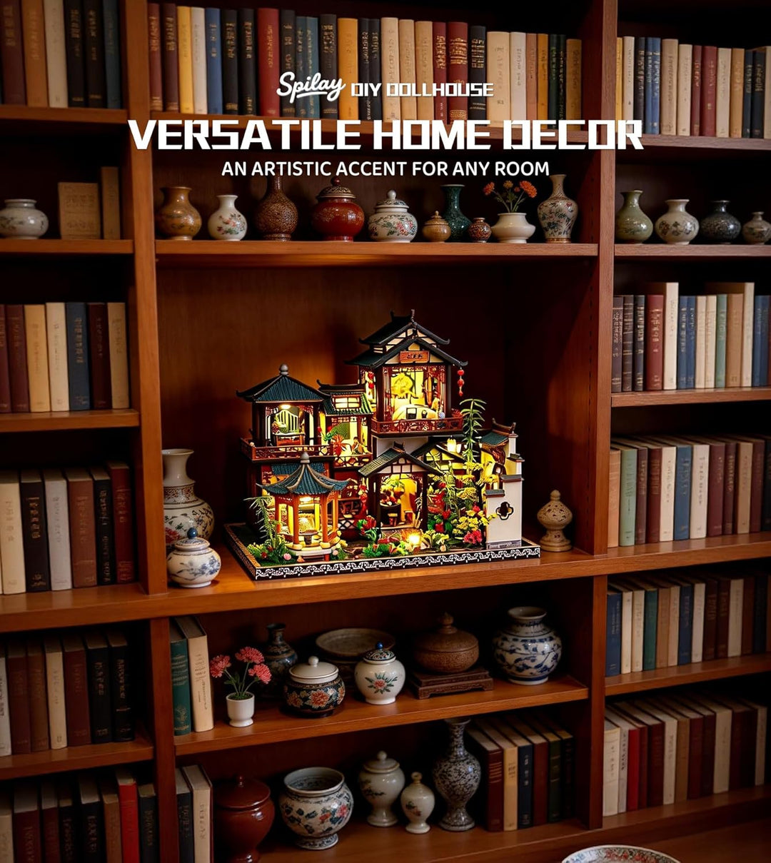 Spilay DIY Miniature House, Chinesisches Gartenhaus Miniatur Puppenhaus mit Musikbox & Staubschutzha
