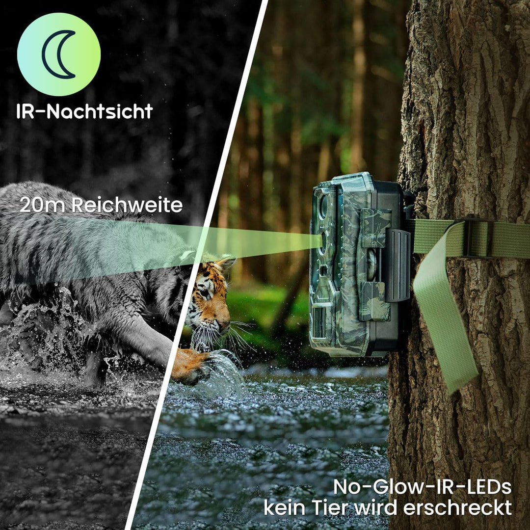 Profi 4K-Wildkamera mit IR-Nachtsicht-, Zeitraffer- & Timerfunktion, PIR Sensor, Dual Lens, Mikrofon