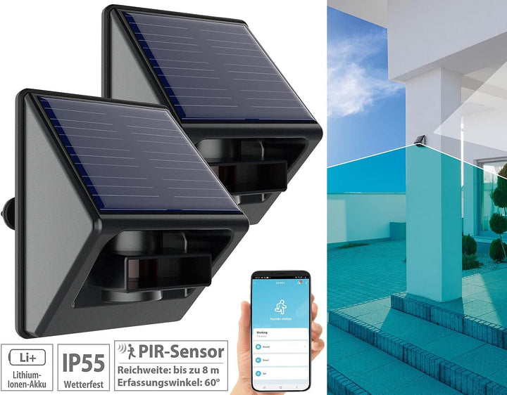 Luminea Home Control Bewegungsmelder mit App: 2er-Set Outdoor-PIR-Sensoren, Solarpanel, App, IP55, Z