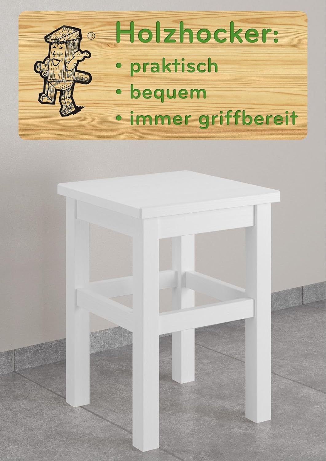 Erst-Holz Holzhocker Massivholzsitz ohne Lehne in Kiefer massiv Natur oder weiss V-90.71-41, Holzart