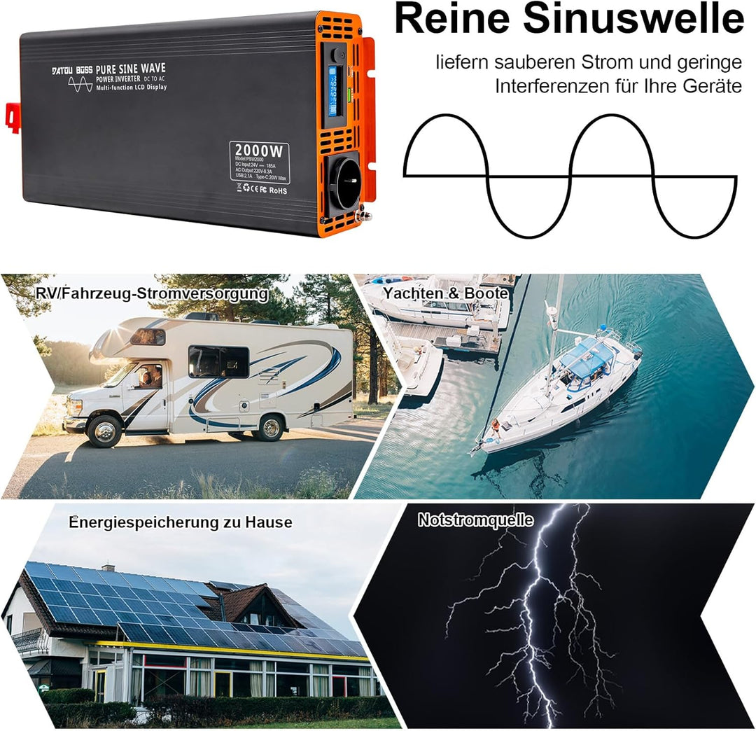 DATOUBOSS Wechselrichter Reiner Sinus 2000W/4000W Spannungswandler 24V 230V LCD-Display und 1x USB +