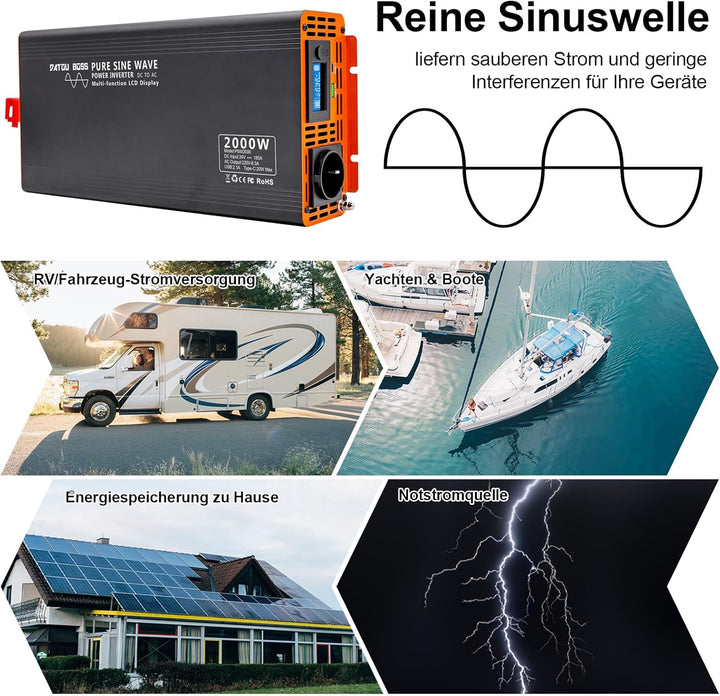 DATOUBOSS Wechselrichter Reiner Sinus 2000W/4000W Spannungswandler 24V 230V LCD-Display und 1x USB +