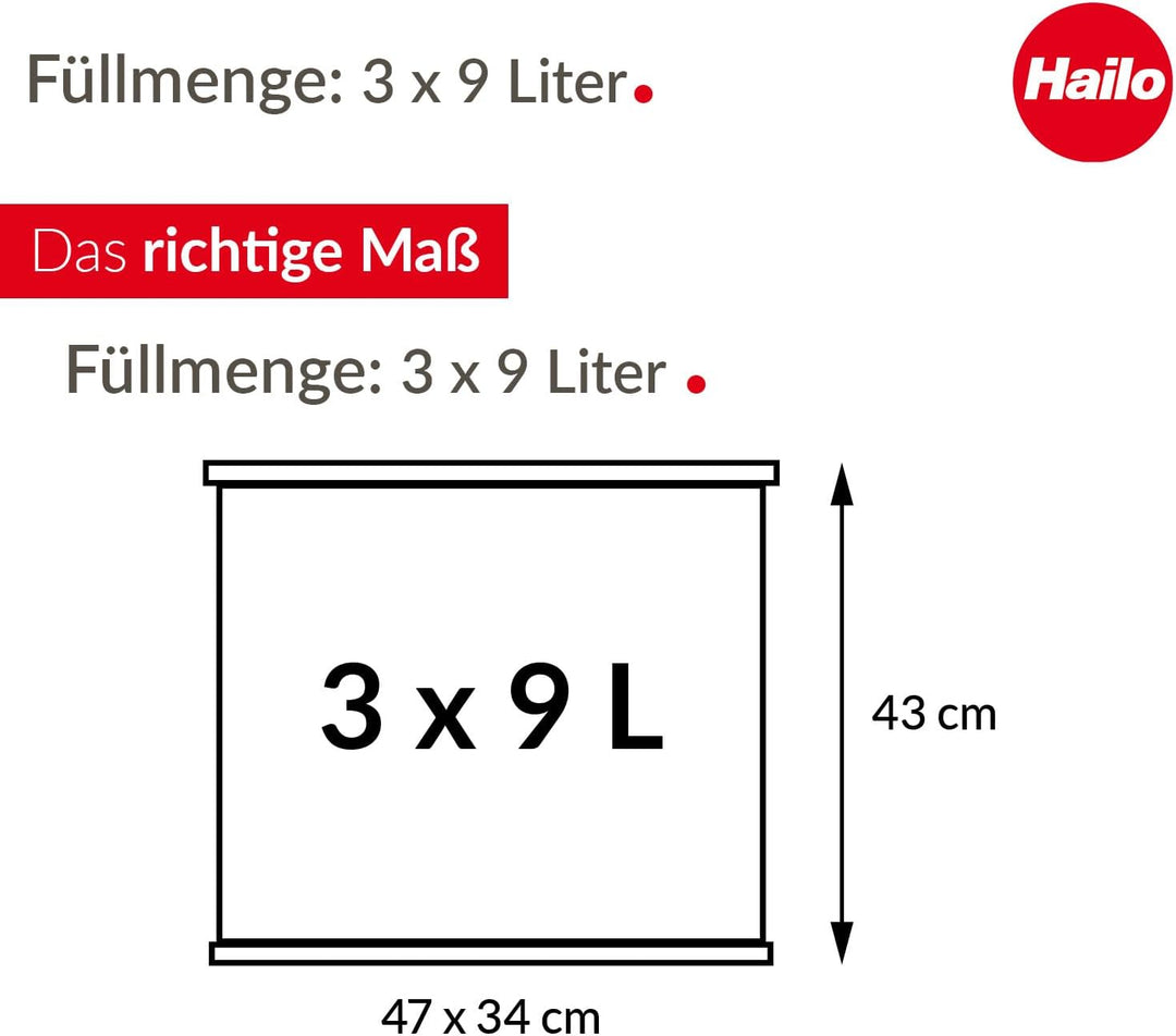 Hailo Öko trio Plus L Tret-Mülltrenner - freistehender 3 x 9 Liter Dreifachmülleimer aus Stahlblech