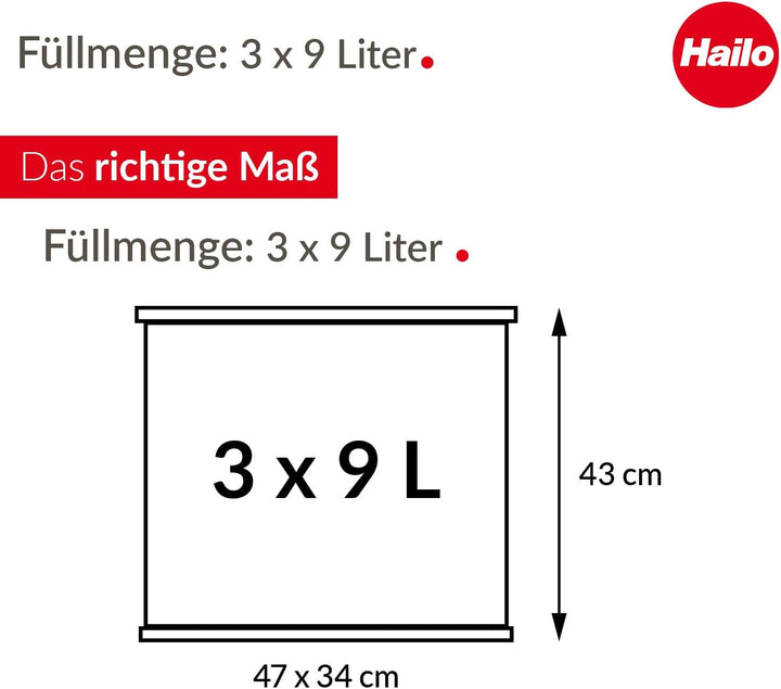 Hailo Öko trio Plus L Tret-Mülltrenner - freistehender 3 x 9 Liter Dreifachmülleimer aus Stahlblech