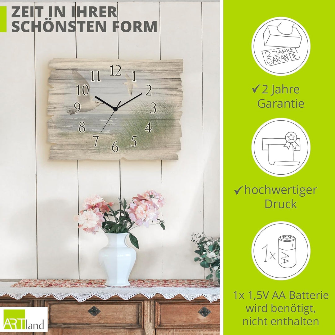 ARTLAND Wanduhr ohne Tickgeräusche aus Holz Quarzuhr 40x30 cm Rechteckig Lautlos Strand Meer Nordsee