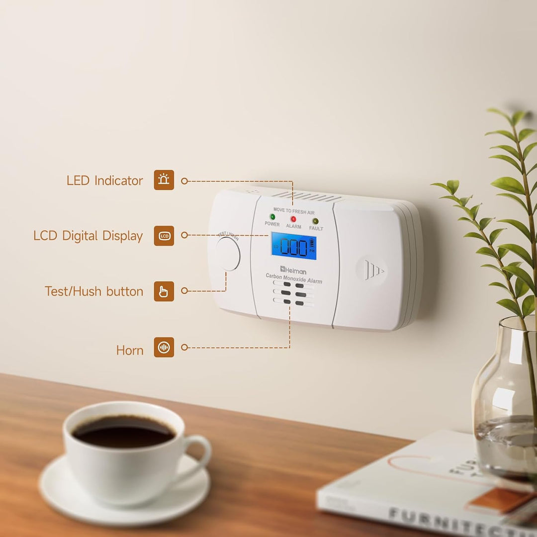 Heiman CO Melder mit Digitalanzeige, BSI Zertifiziert nach EN 50291,Kohlenmonoxidmelder, 10-Jahren L
