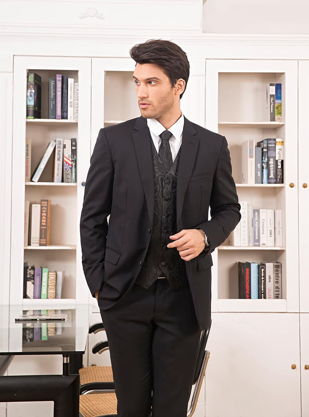 HISDERN Herren FLoral Hochzeit Weste Krawatte Einstecktuch Taschentuch Jacquard Weste Anzug Set 4XL