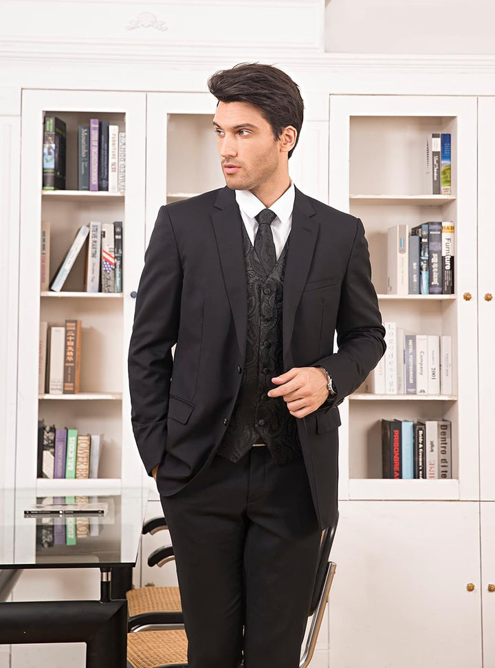 HISDERN Herren FLoral Hochzeit Weste Krawatte Einstecktuch Taschentuch Jacquard Weste Anzug Set 4XL
