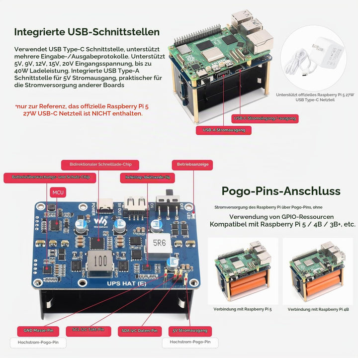 Waveshare UPS HAT (E) for Raspberry Pi 5/4B/3B+, Supports 4× 21700 Li Batt (NOT Included), Bi-Direct