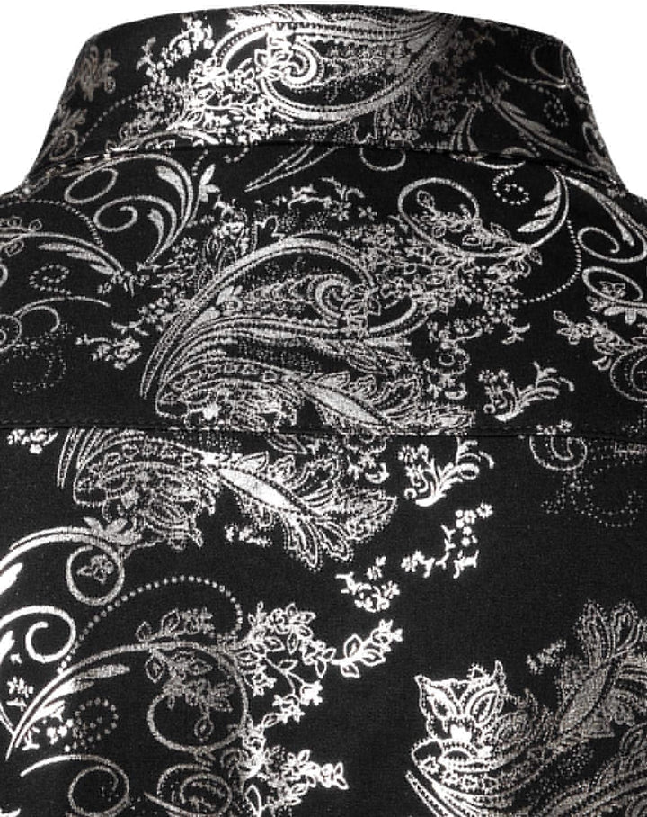 PARKLEES Herren Luxus Paisley Gemustert Golden Glänzend Slim Fit Freizeithemd M Schwarz Silber, M Sc