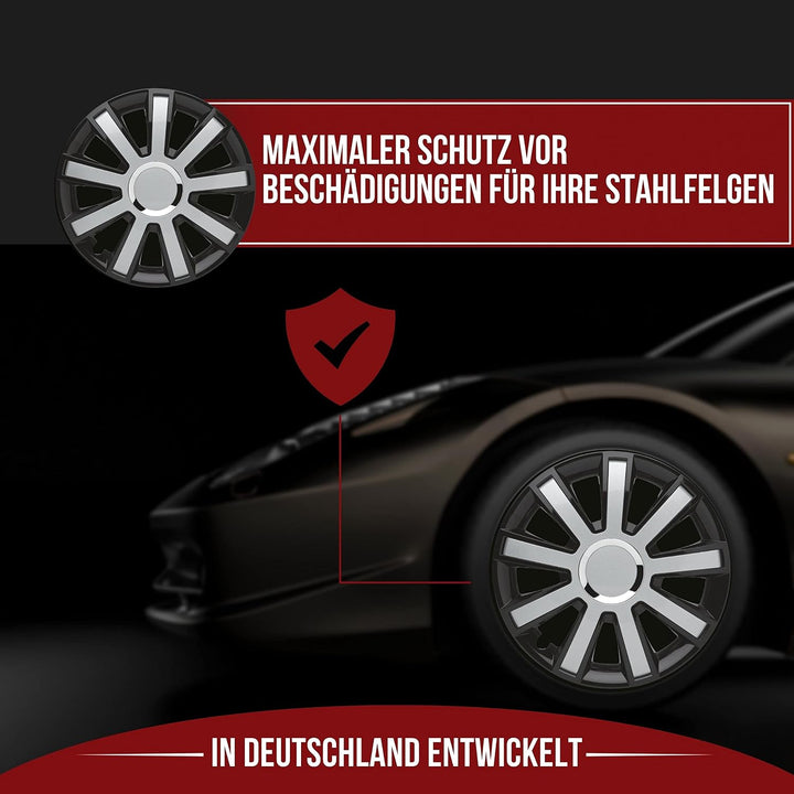 Albrecht 14 Zoll Radkappen schwarz/silber für Stahlfelgen - Flash Radzierblenden aus hochwertigem Ku