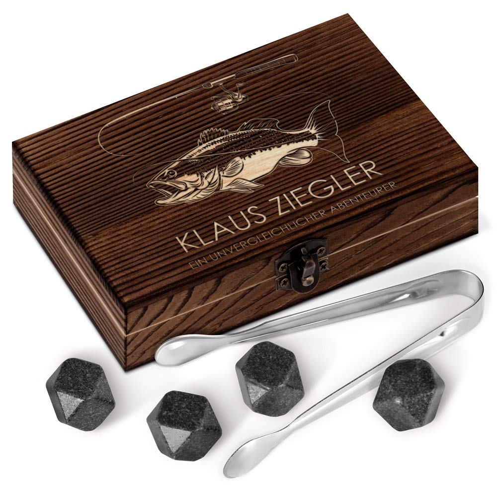 Maverton Whisky Steine Set - in Holzbox mit Gravur - 6 Eiswürfel + Zange + Velourbeutel - wiederverw