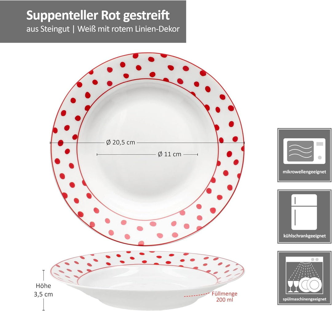 MamboCat 6er Set Suppenteller Rot gepunktet I 200ml, Ø20,5cm I tiefe Teller aus Steingut I weiss mit