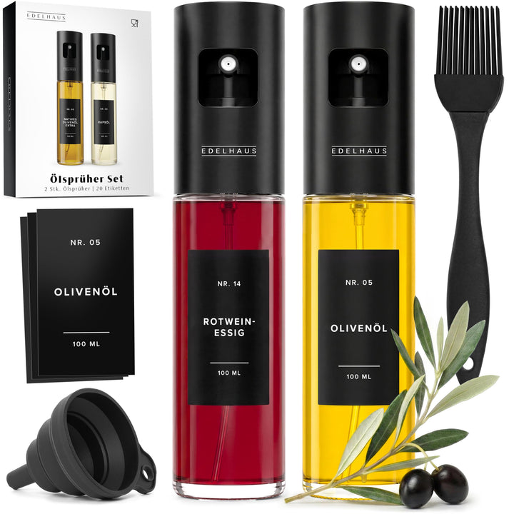 Ölsprüher 2er Set - Hochwertige Öl-Sprühflasche aus Edelstahl &amp; Glas, für gesundes Kochen I Sprüher