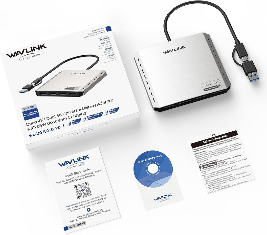 WAVLINK USB 3.0 or USB C to Quad Displayport Splitter Extended Display for Four Monitor with 85W PD,