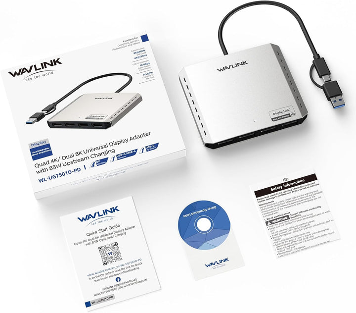 WAVLINK USB 3.0 or USB C to Quad Displayport Splitter Extended Display for Four Monitor with 85W PD,