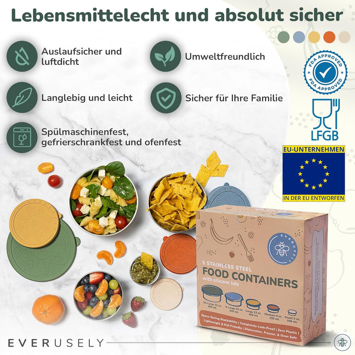 Everusely – Brotdose aus rostfreiem Stahl, auslaufsicher, mit Deckel – 5er-Set, Muted Collection – L
