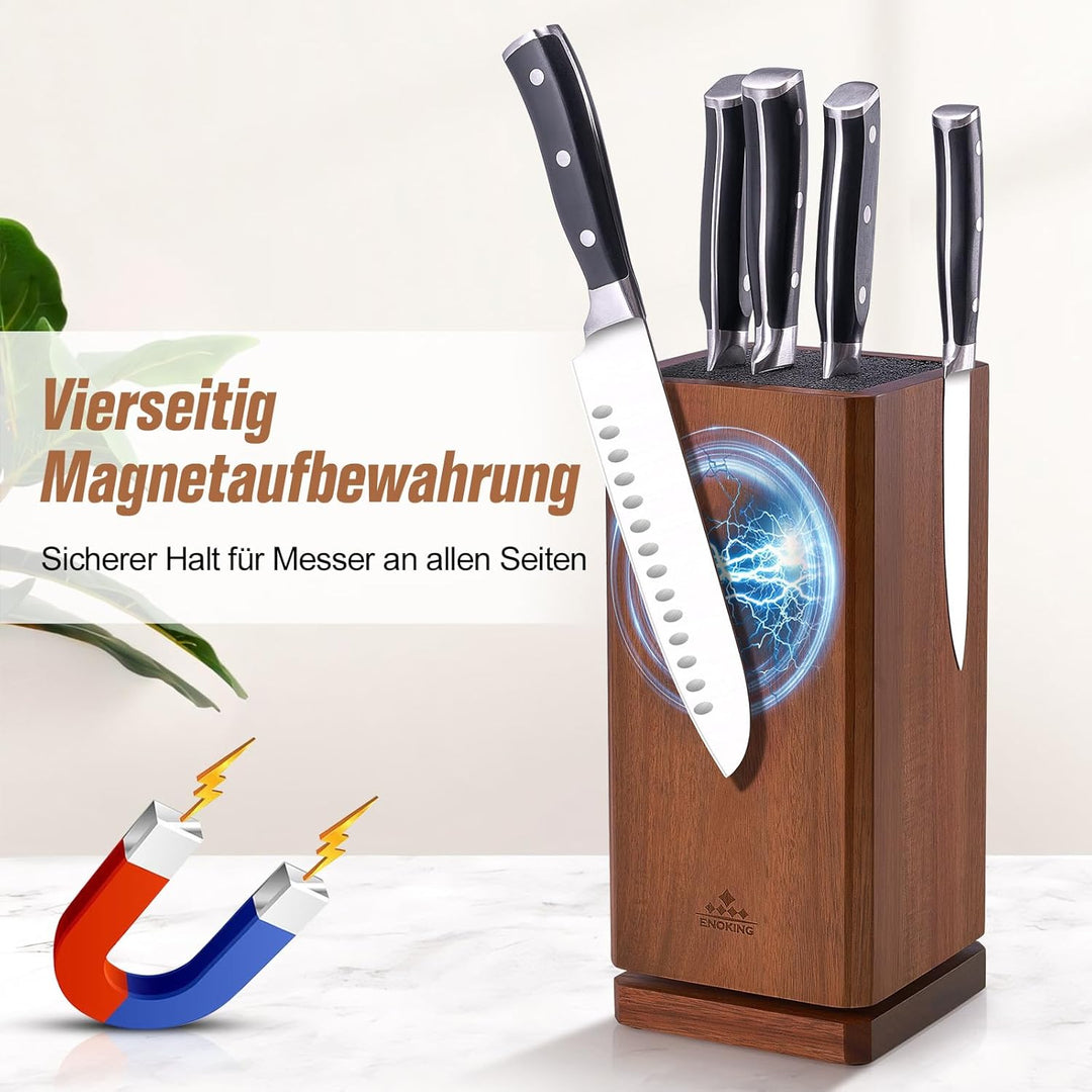ENOKING Messerblock Magnetisch ohne Messer, 360°drehbar Magnetischer Messerblock Aus Akazienholz, Ma