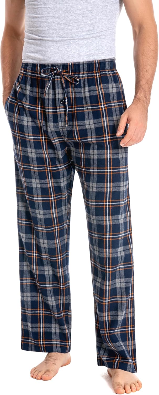Herren 100% Baumwolle Flanell Bequeme Pyjama/Lounge Bottoms mit Taschen M Yellowish Navy Plaid, M Ye