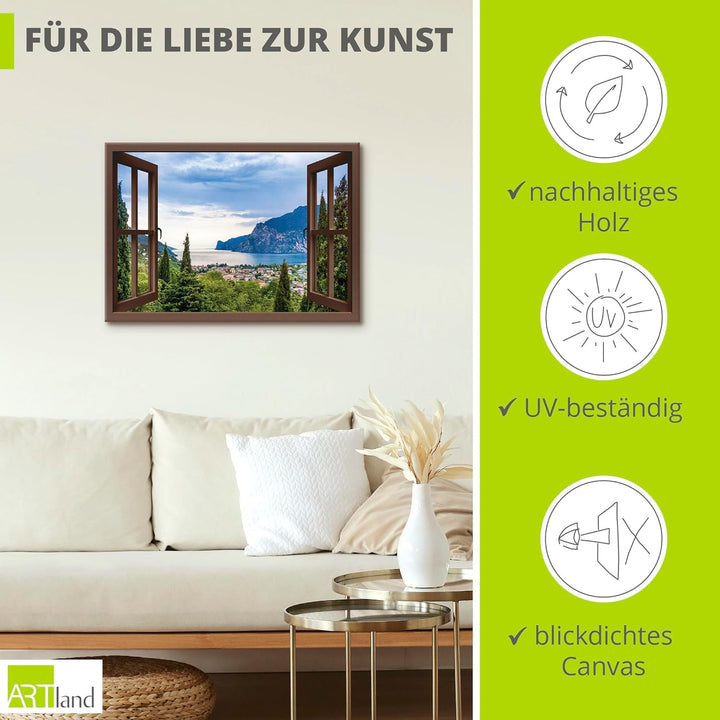 ARTland Leinwandbilder Wandbild Bild Leinwand 70x50 cm Querformat Fensterblick Gardasee Landschaft S