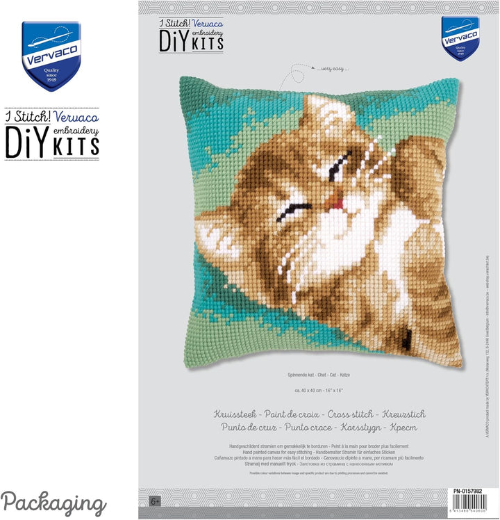 Vervaco Kreuzstichkissen Katze Kreuzstickpackung vorgedruckt, Aida, weiss, 40 x 40 x 0,3 cm