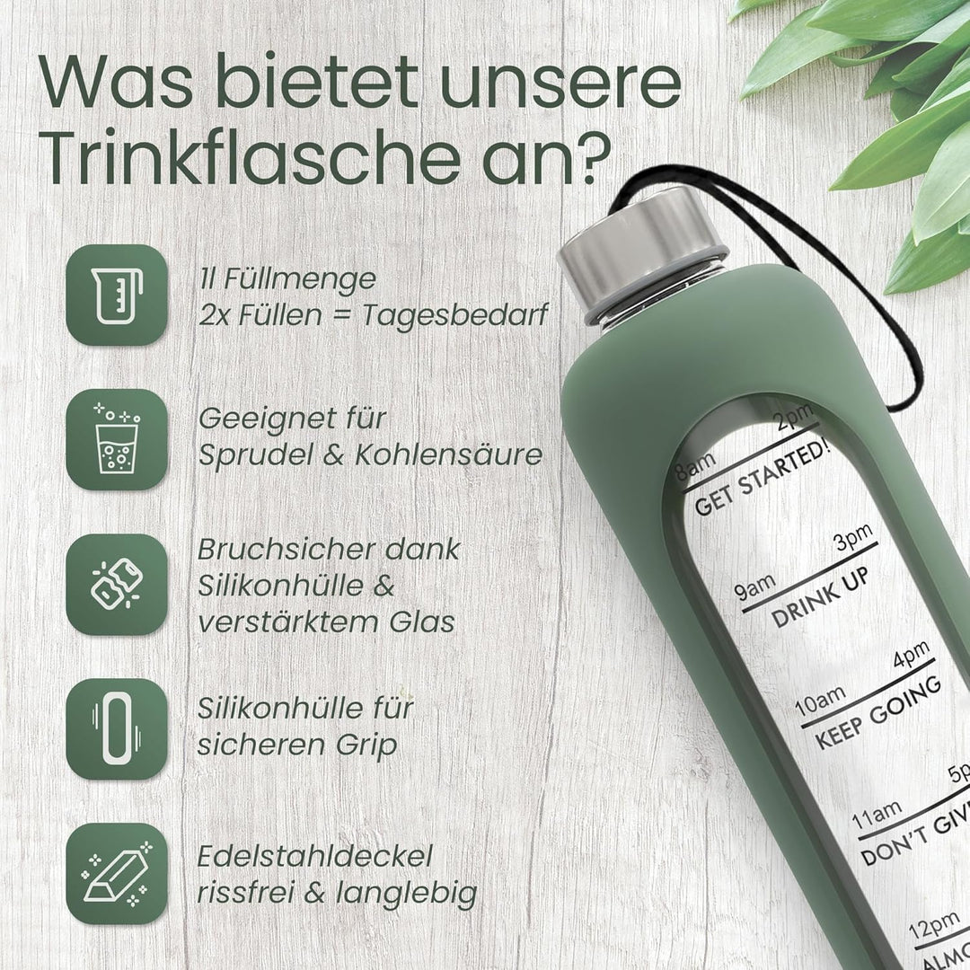 Trinkflasche Glas 1L – kohlensäuregeeignet – mit Bürste & Silikonhülle – Olivgrün