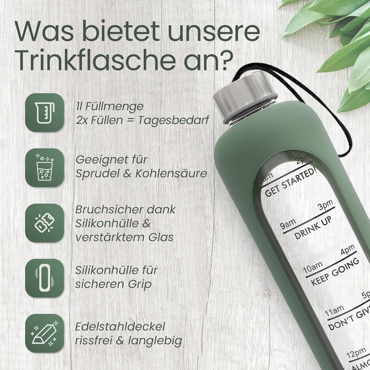 Trinkflasche Glas 1L – kohlensäuregeeignet – mit Bürste & Silikonhülle – Olivgrün